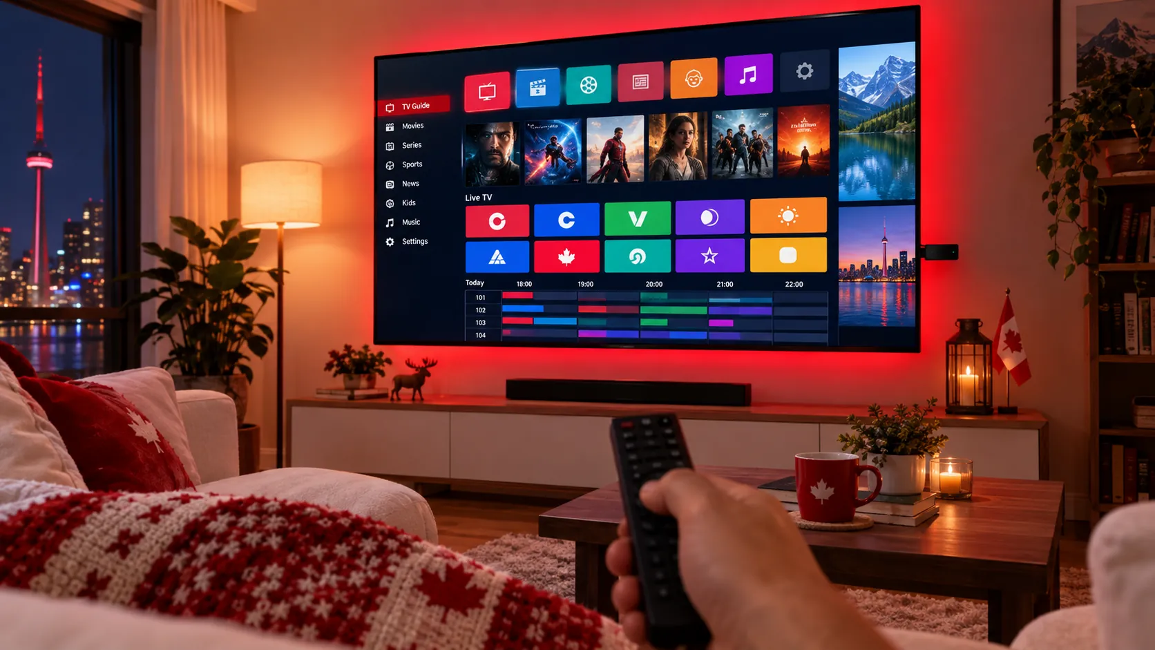 IPStream TV IPTV-app op een smart-tv in een gezellige Canadese woonkamer met de skyline van Toronto en de CN Tower