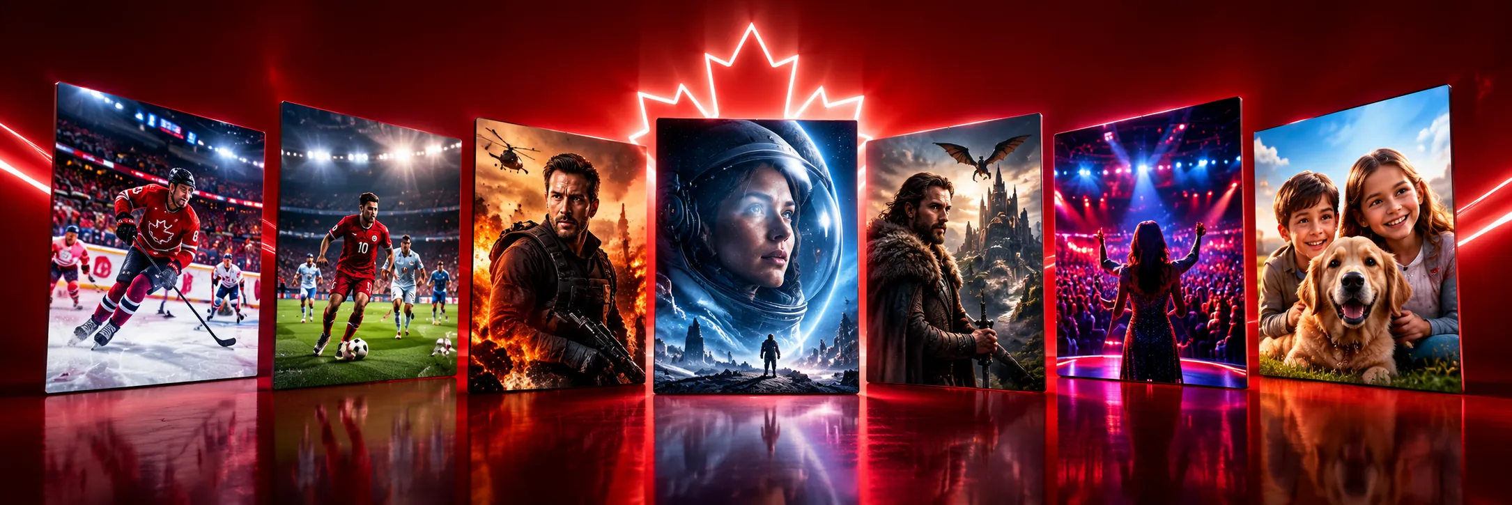 Rij van oplichtende posters – hockey, voetbal, actiefilm, sciencefiction, fantasy, live show en familiefilm – voor een rood Canadees esdoornblad, de entertainmentpas van IPStream TV