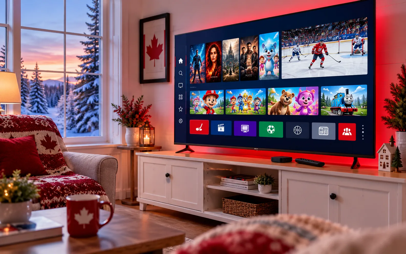 Smart-tv met de IPStream TV-app met films, kinderprogramma's en een live hockeywedstrijd in een gezellige rood-witte Canadese woonkamer