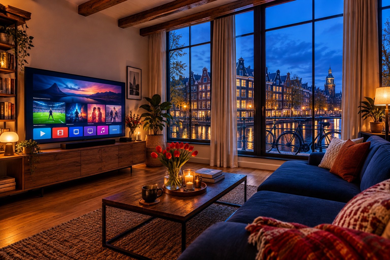 Woonkamer in een Amsterdams grachtenpand met een grote tv met een streamingapp en uitzicht op de grachten bij avond