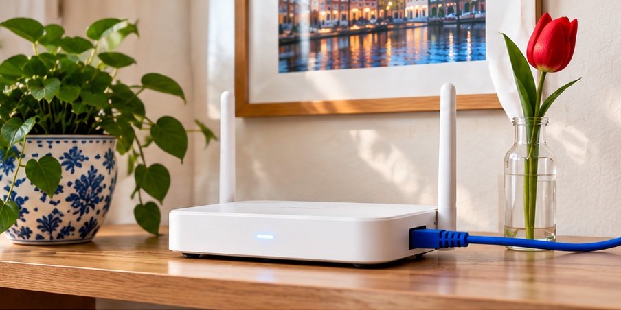 Witte wifi-router op een houten plank met een blauwe ethernetkabel naar de tv, naast een plant in een Delfts blauwe pot en een rode tulp in een glazen vaasje