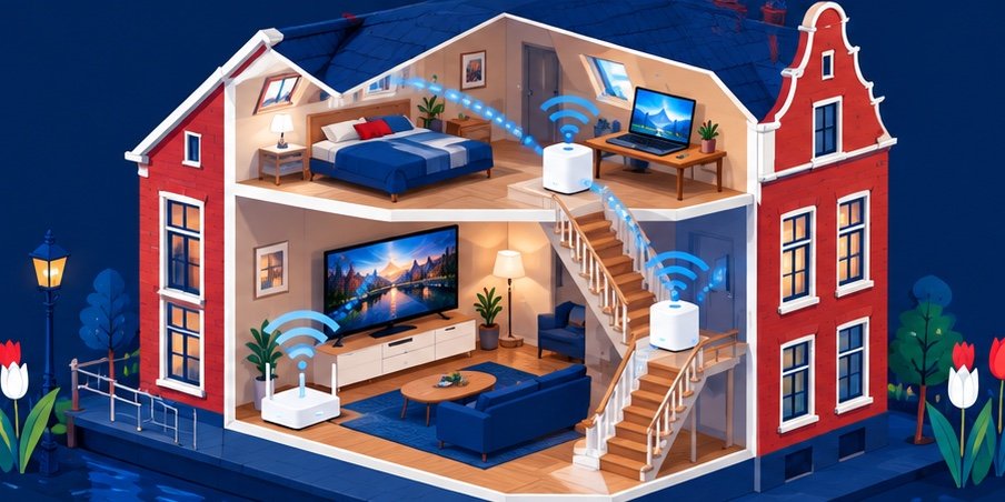 Illustratie van een Nederlands huis in doorsnede met een router beneden, twee mesh-units op de trap en de verdieping, en wifi-signaal naar een tv en een laptop