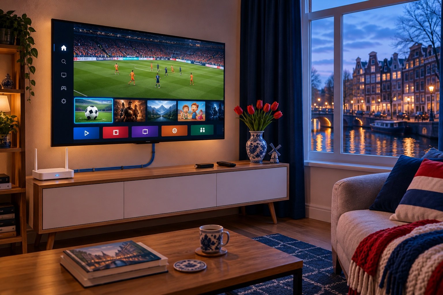 Gezellige Nederlandse woonkamer met een smart-tv waarop een live voetbalwedstrijd soepel speelt, een router met blauwe ethernetkabel naar de tv, tulpen en uitzicht op Amsterdamse grachten