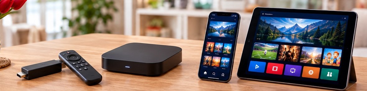 Streamingstick met afstandsbediening, Android TV-box, smartphone en tablet met een streaming-app naast een vaas met rode tulpen op een houten tafel