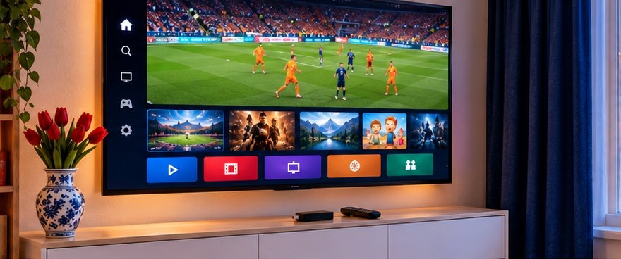 Smart-tv in een gezellige Nederlandse woonkamer met een streaming-app en een live voetbalwedstrijd, een streamingstick met afstandsbediening, tulpen in een Delfts blauwe vaas en uitzicht op Amsterdamse grachten