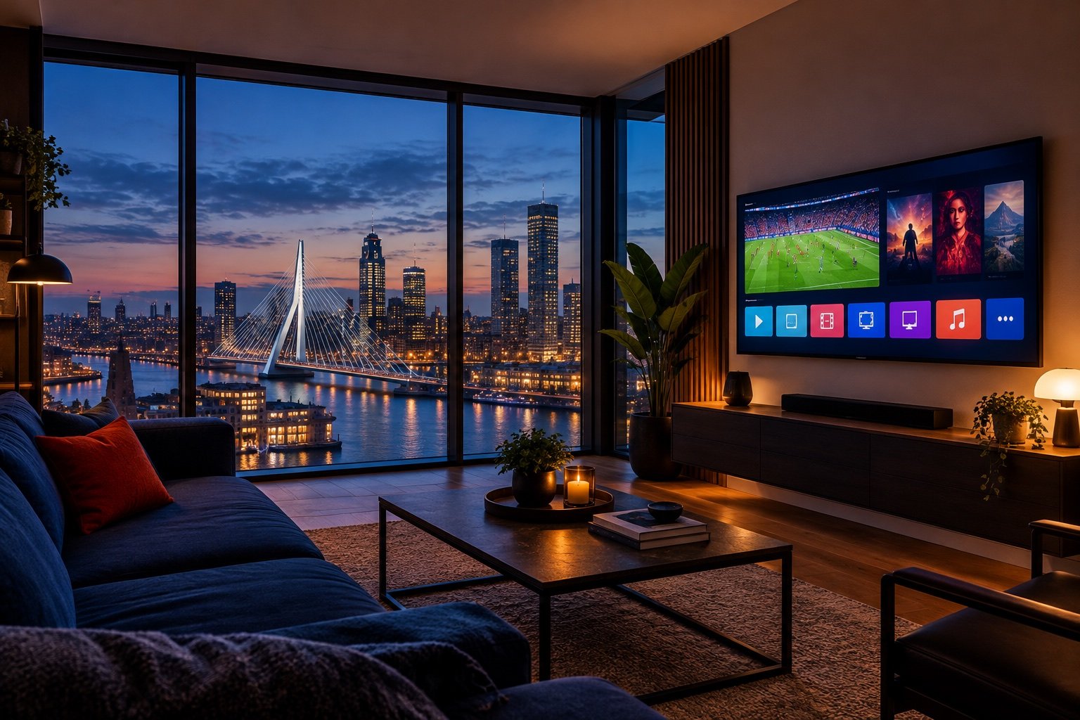 Woonkamer in Rotterdam met een grote tv met een streamingapp en uitzicht op de Erasmusbrug en de skyline bij nacht